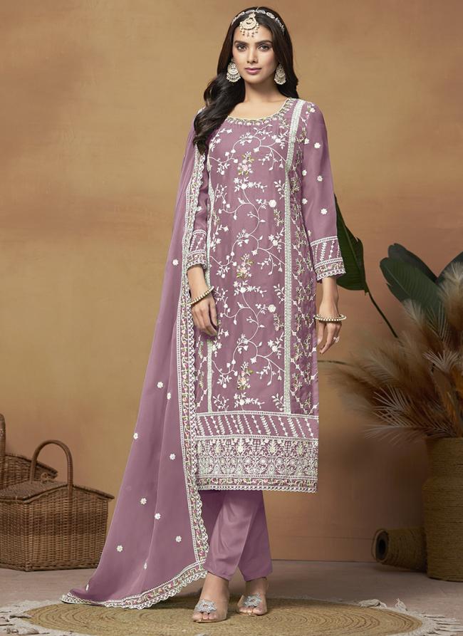 Soft Organza Lilac Festival Wear Embroidery Work Salwar Suit